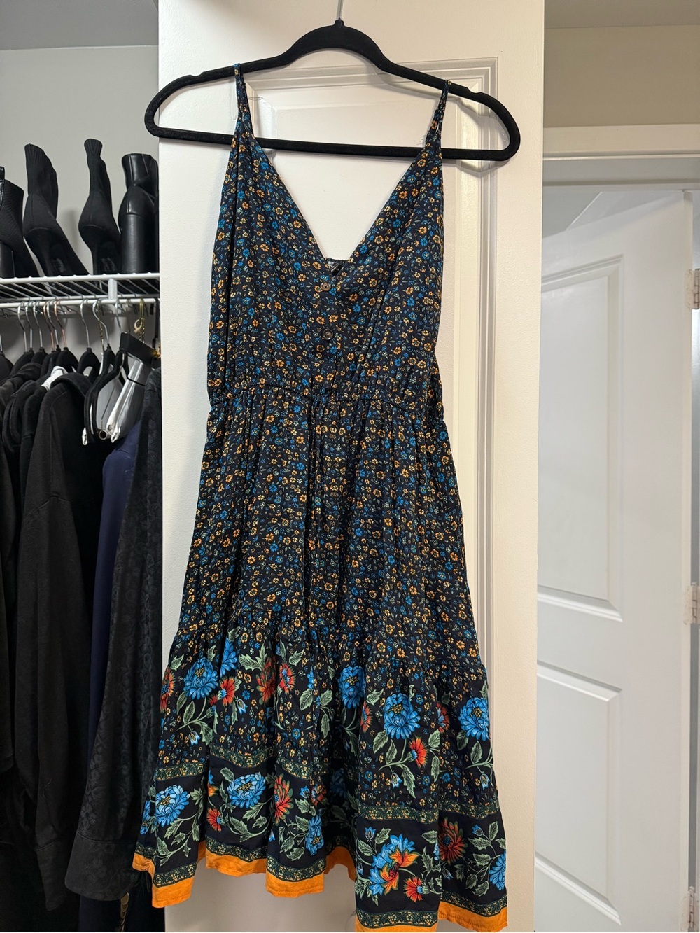 Floral Tiered Spaghetti-Strap Dress in Black and Blue